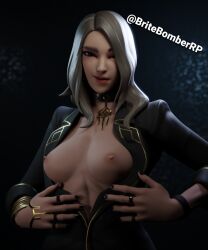 1girls 3d abs areolae athletic athletic_female black_background blender breasts breasts_out britebomberrp choker clothed clothing female female_focus female_only fortnite grey_hair jewelry light-skinned_female light_skin long_hair looking_at_viewer medium_breasts naughty_face naughty_smile nipples no_bra pose posing presenting presenting_breasts simple_background solo solo_female solo_focus topwear victoria_saint watermark