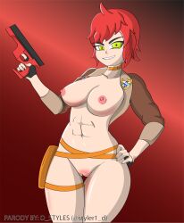 belt big_breasts blue_eyes bluearrow37 bluearrow37_(artist) casual clothing female firearm gun handgun human legwear nipples outerwear pale_skin pump_it_up pump_it_up_fiesta_2 red_hair weapon