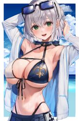 1girls 2022 :d arm_behind_head armpits arms_up bangs bikini blue_bikini blue_sky blush breasts cleavage cloud collarbone crossed_bangs day eyewear_on_head female front-tie_bikini_top front-tie_top green_eyes grey_hair hair_between_eyes highleg highres hololive hololive_fantasy hololive_japan jacket large_breasts long_sleeves looking_at_viewer medium_hair navel ocean open_clothes open_jacket open_mouth shirogane_noel sky smile solo stomach sunglasses sweat swimsuit upper_body virtual_youtuber watao wavy_hair white_bikini white_jacket