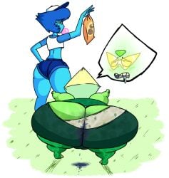 2021 2d 2girls ass ass_cleavage baseball_cap baseball_uniform big_ass blue-skinned_female blue_skin bubble_gum butt_crack cartoon_network drooling fat female gem_(species) green-skinned_female green_skin lapis_lazuli_(bob) lapis_lazuli_(steven_universe) mrwastemaster obese peridot_(steven_universe) short_shorts shortstack slob solid_color_background steven_universe swamp_ass sweat sweaty sweaty_butt tagme