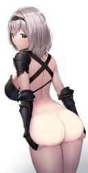 1girls 2023 :o armor ass ass_support back bangs black_armor black_gloves blush boobplate bottomless breasts bubble_butt female fingerless_gloves from_behind gloves green_eyes grey_hair highres hololive hololive_fantasy hololive_japan jungki_dr large_breasts looking_at_viewer looking_back medium_hair no_panties open_mouth shirogane_noel shoulder_armor simple_background single_bare_shoulder solo virtual_youtuber white_background