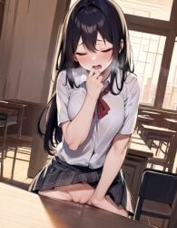 1girls ai_generated blush classroom closed_eyes female female_only heavy_breathing masturbation nai_diffusion no_panties open_mouth original rubbing_pussy school_uniform schoolgirl skirt_lift solo stable_diffusion table table_humping