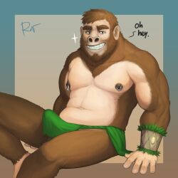 1:1 2019 anthro ape balls beard biceps bottomwear bulge clothing dialogue erection_under_loincloth facial_hair genitals gorilla green_bottomwear green_clothing green_loincloth grin haplorhine hi_res loincloth loincloth_only looking_at_viewer male mammal manly musclegut muscular navel nipple_piercing nipples pecs piercing primate rov sitting slightly_chubby smile solo triceps wristband