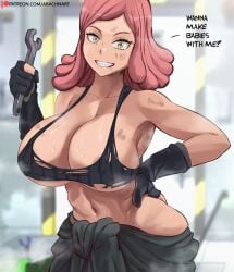 1girls arachnart areola_slip barely_contained big_breasts breasts busty cleavage dialogue dirt_on_face english_text female hand_on_hip huge_breasts impregnation_request inviting_to_sex izuku_midoriya long_hair looking_at_viewer mei_hatsume my_hero_academia pink_hair ripped_clothing smile steam steaming_body steamy steamy_breasts sweat sweaty_body symbol-shaped_pupils tank_top text yelling