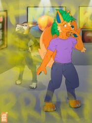 2boys anthro anthro_only art_gallery bodily_fluids canid canine canis casey_(dmb) claws clothed clothing digitigrade disgust duo english_text fart fart_cloud fart_fetish flatulance fully_clothed fur gas green_body green_fur hi_res indoors jackal jooper male male/male male_only mammal orange_body orange_fur painting_(object) pawpads shirt sweat sweatdrop sweatpants t-shirt text topwear wolf