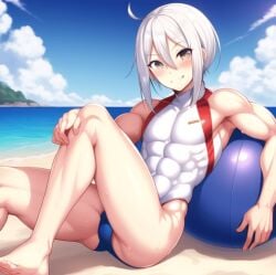 1boy 5_fingers abs abs_visible_through_clothing ahoge ai_generated beach beach_ball biceps blush femboy heterochromia human leotard muscular_femboy muscular_male muscular_shoulders one-piece_swimsuit pecs pixai self_upload short_hair sitting smile smiling_at_viewer solo sweat swimsuit tight_leotard utatane_piko vocaloid water white_hair white_leotard white_swimsuit