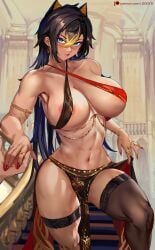 1girls abs animal_ears blue_eyes breasts brown_hair brown_skin dehya_(genshin_impact) female genshin_impact high_resolution huge_breasts kemonomimi looking_at_viewer loooyd massive_breasts navel nipple_slip pelvic_curtain revealing_clothes thick_thighs thighs very_high_resolution