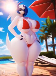 absol afternoon ai_generated anthro beach_umbrella big_breasts bikini bikini_bottom bikini_top blue_fur clouds curvy cute day depth_of_field female generation_3_pokemon hair_over_one_eye hands_on_hips huge_thighs looking_at_viewer multicolored_fur navel novelai palm_tree pokemon pokemon_(species) pool poolside red_bikini red_eyes seductive_smile smile stable_diffusion sun sunlight thick_thighs thighs voluptuous water white_fur wide_hips wooden_floor