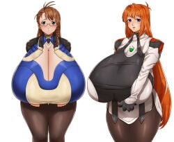 blush blush breasts_bigger_than_head brown_hair clothing elhaym_van_houten fully_clothed glasses ham121ham hamham_121 huge_breasts hyper_breasts orange_hair shion_uzuki shy tights xenogears xenosaga