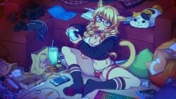 1girls big_breasts blonde_hair blue_eyes breasts cat_ears cat_tail catgirl cleavage clothed clothed_female clothing female female_only final_fantasy gamer_girl glasses merunyaa miqo'te navel original original_character pale-skinned_female pale_skin playstation playstation_vr ps5 socks solo tagme thick_thighs