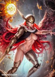 1girls 4k ai_generated almost_naked armor big_breasts breasts butterfly cape covering_nipples elden_ring empyrean fanart fantasy female_focus female_only fromsoftware goddess helmet knight malenia_blade_of_miquella nsfw panties pinup prosthetic red_hair sensual_diffusion thick_thighs video_games weapon winged_helmet wings