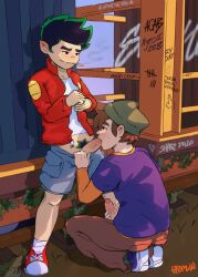 2boys american_dragon:_jake_long arthur_spudinski beanie black_hair blowjob blowjob_face brown_hair clothed clothed_sex clothing cocky disney disney_channel erect_penis erection fraternity graffiti jake_long male male_only masturbation oral oral_sex outdoors outside penis penis_out public public_sex smoking trippingr3ml1n yaoi