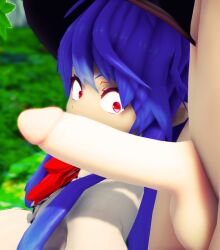 1boy 1girls 3d belly belly_button big_penis blue_hair cock_shock female long_penis looking_at_penis mmd no_sex penis_awe red_eyes surprised surprised_expression tagme team_shanghai_alice tenshi_hinanawi touhou vovun