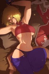 1girls armpits belt blonde_hair blue_mary bracelet breasts fatal_fury highres jewelry kuroneko_pantsu lying midriff muscular muscular_female one_eye_closed panties short_hair underboob underwear