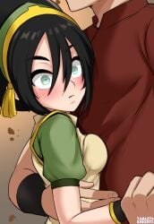 1boy 1girls arm_around_waist asian_female avatar_the_last_airbender bangs black_hair blush breast_press breasts_on_chest chestnut_mouth cute female_focus fully_clothed green_eyes hair_band hair_between_eyes hair_bun holding_close hugging larger_male meme nervous one-punch_man pale-skinned_female petite pressed_together reference_image romantic_couple size_difference smaller_female surprised tabletknight tomboy toph_bei_fong tunic unseen_male_face upper_body wholesome wide_eyed younger_female