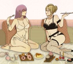 2girls alternate_costume black_bra black_panties blonde_hair bra cleavage eye_contact facial_scar female female_only fishnet_thighhighs fishnets food fork full_body gintama glasses hair_bun kiseru lace lace-trimmed_bra lace_trim lingerie lipstick long_hair looking_at_another mo_mo_rice mole_under_eye panties pipe purple_hair red-framed_glasses red_lipstick sarutobi_ayame side-tie_panties sitting smoking smoking_pipe thighhighs tsukuyo white_bra white_panties