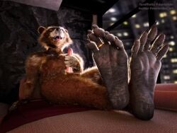 absurd_res anthro balls brown_body brown_fur digit_ring erection feet foot_fetish foot_focus fur genitals guardians_of_the_galaxy hair hi_res jewelry male mammal marvel masturbation pawpads penis procyonid raccoon ring rocket_raccoon smile solo stormrider toe_ring toes tongue