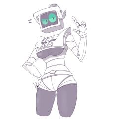 artist_request brawl_stars green_eyes hand_on_hip hourglass_figure pointing pointing_up r-t_(brawl_stars) robot robot_girl safe safe_for_work sfw supercell tv_head underboob unknown_artist white_background