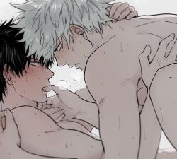 2boys black_hair blush breath eye_contact feiqiuxuan finger_in_another's_mouth finger_in_mouth gintama gintoki_sakata hand_on_neck hijikata_toshiro implied_sex looking_at_another male male_only nude on_back silver_hair sweat upper_body white_hair yaoi