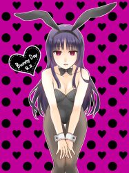 alternate_costume black_hair bowtie bunny_ears bunny_girl bunnysuit cleavage dark_blue_hair dark_hair dark_purple_hair detached_collar emotionless expressionless female female_only gintama hime_cut imai_nobume leaning_forward long_hair looking_at_viewer pantyhose pink_eyes playboy_bunny purple_background thigh_gap wrist_cuffs xryuki