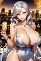 1girls ai_generated bracelet champagne champagne_glass city city_background cityscape curvaceous curvy_body curvy_female curvy_figure dress earrings female_focus female_only high_resolution highres jewelry long_hair necklace seductive_eyes stable_diffusion voluptuous voluptuous_female