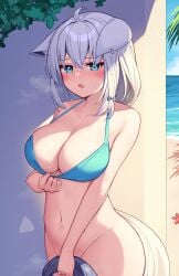 1girls ahoge aqua_eyes bikini_top braid cleavage deaver ears_down fox_ears fox_tail hi_res hololive hololive_gamers hololive_gen_1 hololive_japan huge_breasts looking_at_viewer shirakami_fubuki short_hair solo standing sweat virtual_youtuber wet white_hair