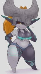 1girls belly black_skin breasts cleavage denim_shorts female female_focus female_only full_body grey_skin half-closed_eye hand_on_hip helmet imp_midna kierus large_breasts laugh long_hair midna midriff navel nintendo oerba_yun_fang one_eye_covered orange_hair parted_lips pointy_ears ponytail red_eyes shortstack slightly_chubby smile solo standing stomach sweat sweaty_breasts the_legend_of_zelda thick_thighs thighs tied_shirt twili twilight_princess two_tone_body yellow_sclera