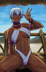 1girls african african_female blue_eyes cameltoe capcom dark-skinned_female dark_nipples dark_skin detailed_background elena_(street_fighter) female female_only hi_res inner_sideboob kneeling looking_at_viewer naavs pink_lips short_hair smiling smiling_at_viewer solo street_fighter street_fighter_iii sweat tagme thick_thighs thong topwear v_sign white_hair