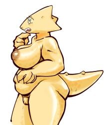 2023 absurd_res alphys anthro areola big_areola big_breasts big_nipples box_chan breasts chubby_anthro chubby_female dinosaur female genitals hi_res huge_areola huge_breasts huge_nipples nipples nude pussy reptile scalie simple_background solo thick_thighs undertale undertale_(series) yellow_body