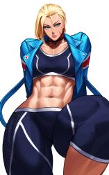 1girls abs absurd_res bent_leg blonde_hair blue_eyes cammy_white capcom female female_only fit fit_female fully_clothed jacket leaning_back looking_at_viewer narrowed_eyes scar scar_on_cheek scar_on_face solo sotcho sportswear street_fighter street_fighter_6 thick_thighs unamused white_background