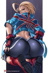 1girls ass ass_focus ass_shot back back_view blonde_hair blue_eyes breasts bubble_butt cammy_white capcom cropped_jacket dat_ass enmanuelart20 facial_scar female female_only fully_clothed huge_ass jacket kneeling large_breasts light-skinned_female light_skin short_hair single_bang solo street_fighter street_fighter_6 thick_thighs tight_clothing union_jack