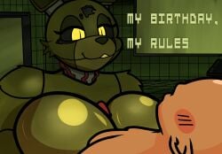 absurd_res big_breasts breast_play breasts desesperadoleon duo english_text faceless_character faceless_male female five_nights_at_freddy's five_nights_at_freddy's_3 genitals hi_res human lagomorph leporid machine male male/female mammal paizuri penile penis rabbit scottgames sex simple_background text titfuck titjob