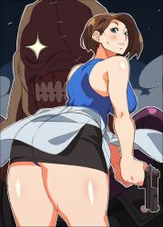 1boy 1girls absurd_res ass big_breasts black_skirt blue_eyes blue_panties breasts brown_hair capcom casual clothes_around_waist from_behind gun handgun hi_res highres holding holding_gun holding_weapon jill_valentine large_breasts leaning_forward miniskirt monster_boy nemesis_(resident_evil) nisego panties pantyshot pistol resident_evil resident_evil_3 short_hair skirt sleeveless standing sweater sweater_around_waist teeth thick_thighs thighs underwear weapon