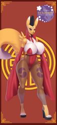 4_toes anthro background bandai_namco big_breasts black_sclera blue_eyes chinese clothed digimon doomthewolf facial_markings female hat hi_res high_heels highres leotard pinup red_clothing smile solo tail taomon tie two_tone_fur yellow_fur