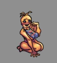 animatronic blush female five_nights_at_freddy's fur pose saliva sitting smile solo thick_thighs toy_chica toy_chica_(fnaf)