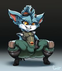 anthro ass big_butt blue_body blue_fur clothed clothing covenantrt_(artist) feral fur hi_res humanoid league_of_legends male male/male riot_games short short_anthro short_fur short_male solo warrior yellow_eyes yordle