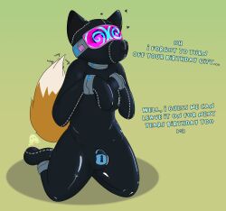 2022 absurd_res anthro bulge canid canine clothing cuff_(restraint) drone english_text eyewear fox goggles hi_res hypnosis hypnotic_visor lucentleader male mammal mind_control null_bulge restraints rubber rubber_clothing rubber_suit shackles solo submissive submissive_male text visor