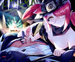 1boy 1girls 2020s 2023 animal_ears arknights bandana bare_shoulders campfire doctor_(arknights) glasses handjob hat heart_eyes looking_at_viewer lying lying_on_back lying_on_side masturbating masturbation mining_helmet myrrh_(arknights) one_eye_covered outdoors penis penis_out pink_hair pluto_oni precum rain raining seductive_smile short_hair short_shorts smile yellow_eyes