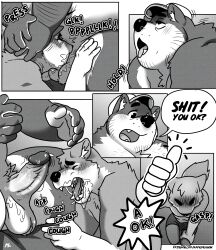 2021 absurd_res age_difference anthro asphyxiation balls_deep belly big_belly big_dom_small_sub bodily_fluids boss boss_and_employee bossman_(kamudragon) canid canine canis choking choking_on_penis comic cum cum_in_mouth cum_inside deepthroat dialogue domestic_dog dominant duo employee_(kamudragon) english_text erection fellatio genital_fluids hi_res irrumatio kamudragon larger_male looking_pleasured male male/male mammal mature_male monochrome multiple_scenes oral oral_penetration orgasm orgasm_face out_of_breath overweight overweight_male penetration penile penile_penetration profanity sex size_difference smaller_male sucked_silly text tongue tongue_out unprofessional_behavior wolf