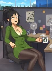 1girls aged_up alternate_costume alternate_universe avatar_the_last_airbender basedesire big_breasts black_hair blazer blouse busty cleavage coffee_mug cubicle desk electric_fan fan female female_only fully_clothed green_eyes indoors jin_(avatar) leaning_back modern_au morning office office_chair office_lady pantyhose paperwork ponytail post-it_note sitting skirt tagme tea thick_thighs tired wide_hips workplace