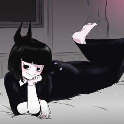 1girls adult_swim ass ass_in_dress barefoot bed creepy_susie feet goth imminent_sex kaxiota looking_at_viewer pov pov_eye_contact seductive smiling_at_viewer the_oblongs thick_thighs