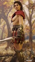 1girls armor armored_boots assassin's_creed_odyssey breasts brown_hair female female_only kassandra looking_at_viewer pinup pinup_girls pinup_pose semi_nude sfm_hood small_ass small_boobs small_breasts solo solo_female weapon