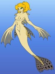 anthro blonde_hair blue_background breasts dorsal_fin female fin fin_hands genitals gradient_background green_eyes hair lionfish marine merfolk navel nipples pussy simple_background skyhammer small_breasts solo split_form tan_body translucent