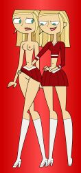 2girls amy_(tdi) blonde_hair exposed_pussy female female_only incest multiple_girls no_panties red_background samey_(tdi) sisters skirt skirt_lift tagme tjlive5 total_drama:_pahkitew_island total_drama_island twincest twins yuri