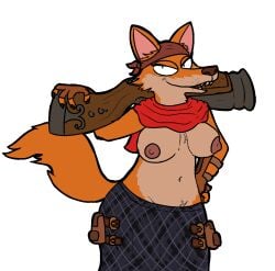 anthro areolae bandana black_nails bonnie_anne breasts canid chest_tuft fangs female fingerless_gloves fox furry gloves gun half-closed_eyes hand_on_hip illustratedinsanity kilt looking_at_viewer mammal musket orange_fur pirate101 pubic_tuft ranged_weapon red_fox sharp_teeth topless weapon whiskers wide_hips