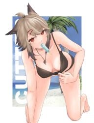 1girls animal_ear_fluff animal_ears arknights arm_support bare_shoulders beach big_breasts bikini black_underwear breasts brown_hair busty cleavage cloud collarbone curvaceous curvy cutter_(arknights) day ear_piercing feet female female_only floppy_ears fox_ears fox_girl hair_ornament hairclip huge_breasts jewelry k4 kneeling kneeling_down kneeling_on_floor large_breasts light-skinned_female light_skin looking_at_viewer melting_popsicle midriff navel outdoors palm_tree popsicle popsicle_in_mouth red_eyes sand sea seductive seductive_eyes seductive_look seductive_mouth seductive_pose solo solo_female spread_legs string_bikini swimsuit thick_legs thick_thighs thighs tied_hair toes towel umbrella voluptuous wide_hips