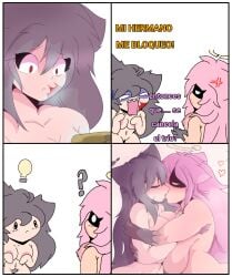 ass big_breasts blood blood_on_face chibi comic comic_panel dat_ass dedny_(huesosdry) dialogue enemies ghost_girl grabbing huesosdry iphone kissing latina marie_(huesosdry) pink_hair sad simple_background spanish_text yandere yuri