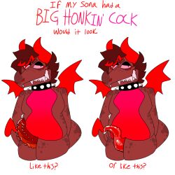 anthro collar demon dragon dragonfuckerthursday futanari genitals hair halliwell_(dragonfuckerthursday) hi_res horn hybrid membrane_(anatomy) membranous_wings meme penile_spines penis penis_tentacles red_body red_eyes red_hair sharp_teeth slightly_chubby smug_face solo spade_tail spiked_collar spikes tail teeth tentacle wings