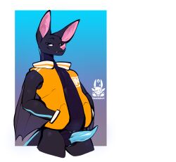 absurd_res anthro bat bean_(marsbat) big_ears black_body black_scales blue_stripes bottomless clothed clothing cuntboy cuntboy_sans_balls fangs genitals herm hermaphrodite hi_res hybrid intersex jacket letterman_jacket looking_at_viewer male maleherm mammal multi_genitalia nozomyarts penis pink_nose portrait purple_body purple_scales pussy scales simple_background slightly_chubby smile smirk solo stripes teeth three-quarter_portrait topwear winged_arms wings