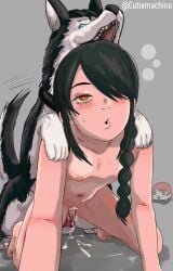 animal_genitalia animal_penis black_hair braided_ponytail canine canine_penis censored chainsaw_man cum cutiemachina doggy_style knot nayuta_(chainsaw_man) pleasure_face small_breasts vaginal_penetration yellow_eyes young zoophilia